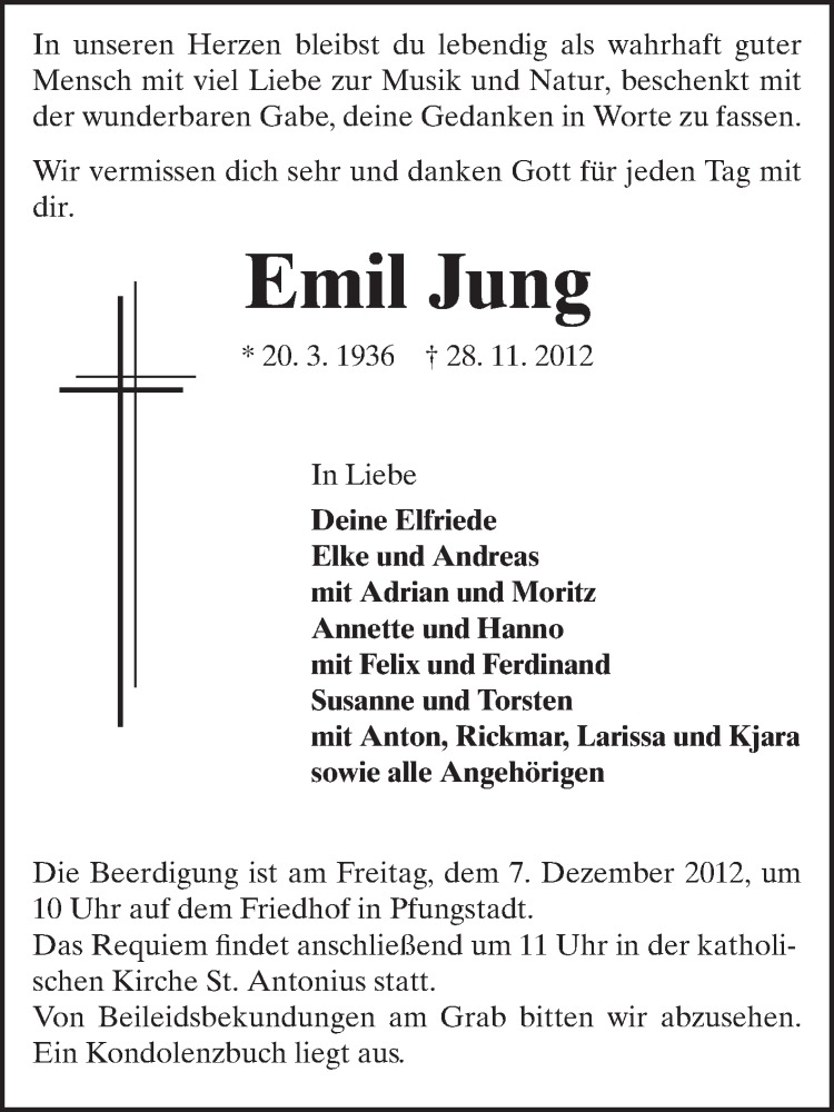  Traueranzeige für Emil Jung vom 01.12.2012 aus Echo-Zeitungen (Gesamtausgabe)