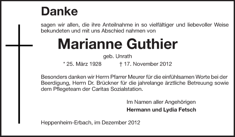  Traueranzeige für Marianne Guthier vom 01.12.2012 aus Starkenburger Echo