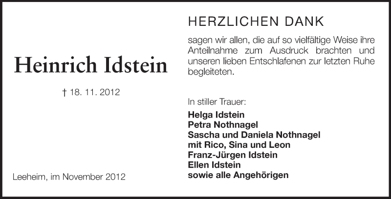  Traueranzeige für Heinrich Idstein vom 01.12.2012 aus Rüsselsheimer Echo, Groß-Gerauer-Echo, Ried Echo