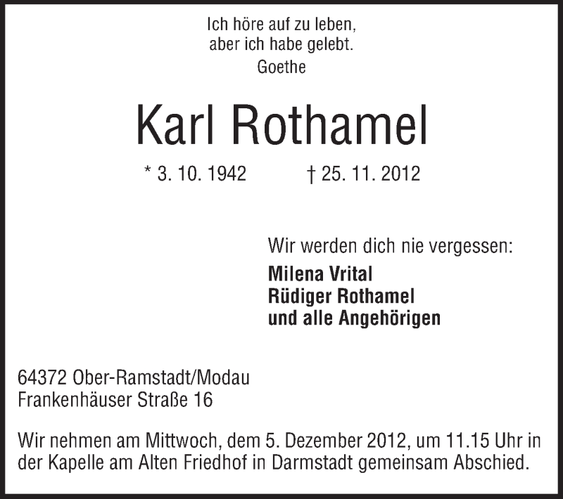  Traueranzeige für Karl Rothamel vom 01.12.2012 aus Echo-Zeitungen (Gesamtausgabe)