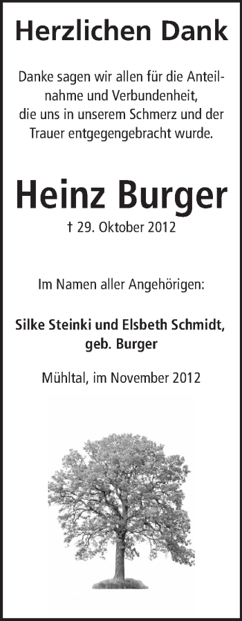 Traueranzeige von Heinz Burger von Echo-Zeitungen (Gesamtausgabe)