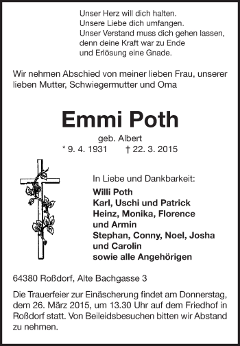 Traueranzeige von Emmi Poth von Echo-Zeitungen (Gesamtausgabe)