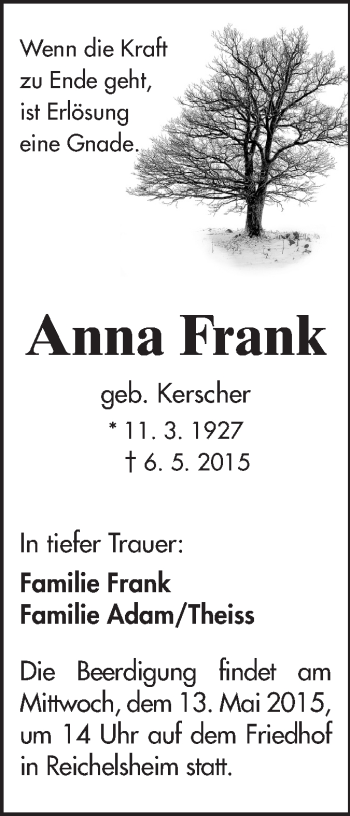 Traueranzeige von Anna Frank von Rüsselsheimer Echo, Groß-Gerauer-Echo, Ried Echo