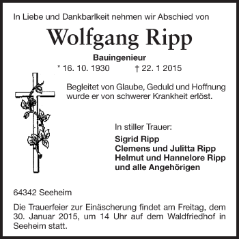 Traueranzeige von Wolfgang Ripp von Echo-Zeitungen (Gesamtausgabe)