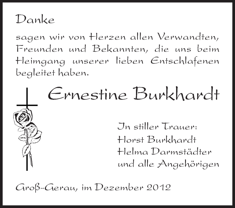  Traueranzeige für Ernestine Burkhardt vom 03.12.2012 aus Rüsselsheimer Echo, Groß-Gerauer-Echo, Ried Echo