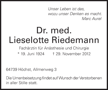 Traueranzeige von Lieselotte Dr. Riedemann von Echo-Zeitungen (Gesamtausgabe)