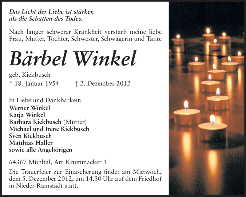 Traueranzeige für Bärbel Winkel vom 03.12.2012 aus Echo-Zeitungen (Gesamtausgabe)