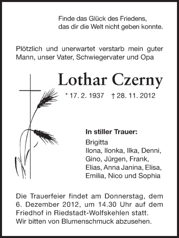 Traueranzeige von Lothar Czerny von Echo-Zeitungen (Gesamtausgabe)