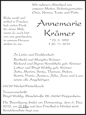 Traueranzeige von Annemarie Krämer von Odenwälder Echo