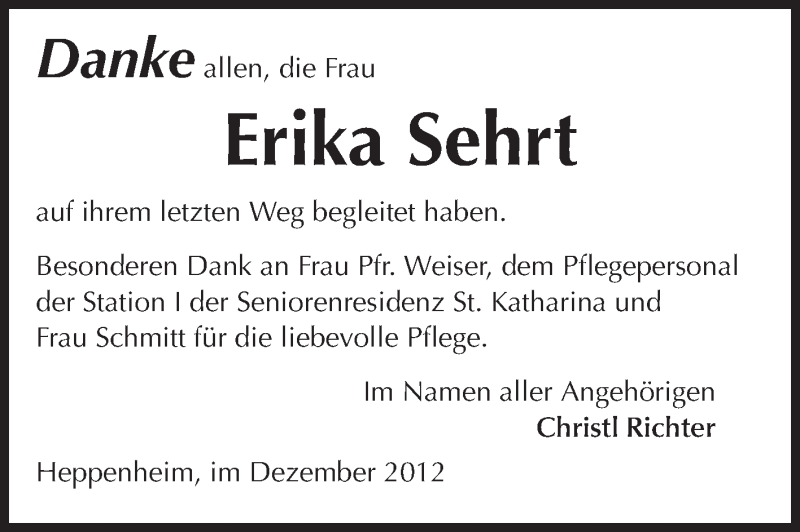  Traueranzeige für Erika Sehrt vom 05.12.2012 aus Starkenburger Echo