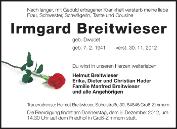 Traueranzeige von Irmgard Breitwieser von Echo-Zeitungen (Gesamtausgabe)