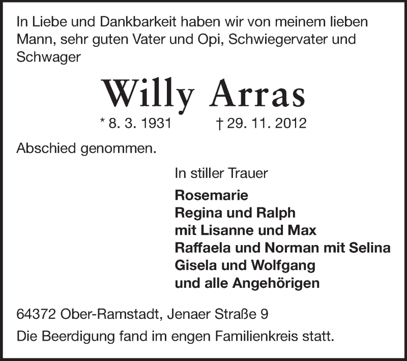  Traueranzeige für Willy Arras vom 05.12.2012 aus Darmstädter Echo, Odenwälder Echo, Rüsselsheimer Echo, Groß-Gerauer-Echo, Ried Echo
