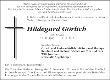 Traueranzeige von Hildegard Görlich von Rüsselsheimer Echo, Groß-Gerauer-Echo, Ried Echo