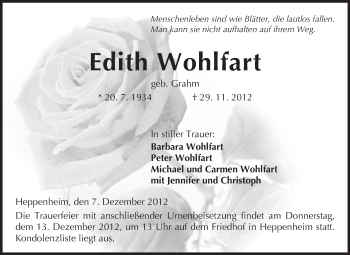 Traueranzeige von Edith Wohlfart von Starkenburger Echo