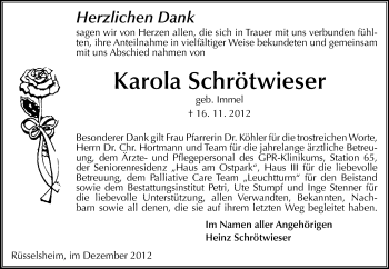 Traueranzeige von Karola Schrötwieser von Rüsselsheimer Echo, Groß-Gerauer-Echo, Ried Echo