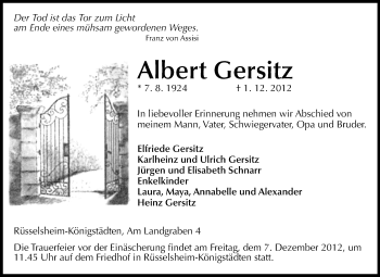 Traueranzeige von Albert Gersitz von Rüsselsheimer Echo, Groß-Gerauer-Echo, Ried Echo