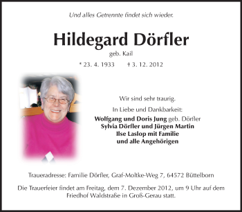 Traueranzeige von Hildegard Dörfler von Rüsselsheimer Echo, Groß-Gerauer-Echo, Ried Echo