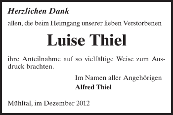 Traueranzeige von Luise Thiel von Echo-Zeitungen (Gesamtausgabe)