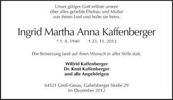 Traueranzeige von Ingrid Martha Anna  Kaffenberger von Rüsselsheimer Echo, Groß-Gerauer-Echo, Ried Echo