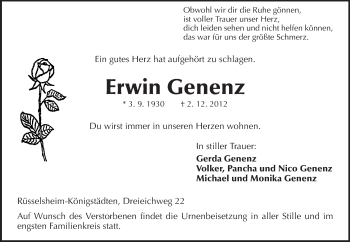 Traueranzeige von Erwin Genenz von Rüsselsheimer Echo, Groß-Gerauer-Echo, Ried Echo