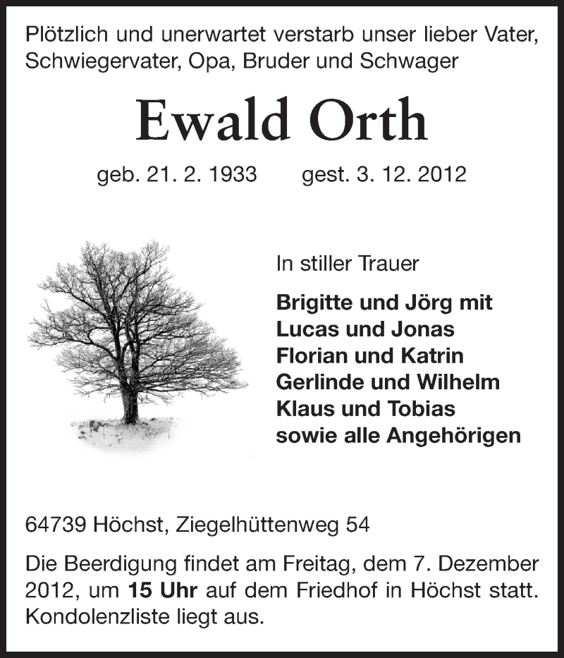  Traueranzeige für Ewald Orth vom 06.12.2012 aus Odenwälder Echo
