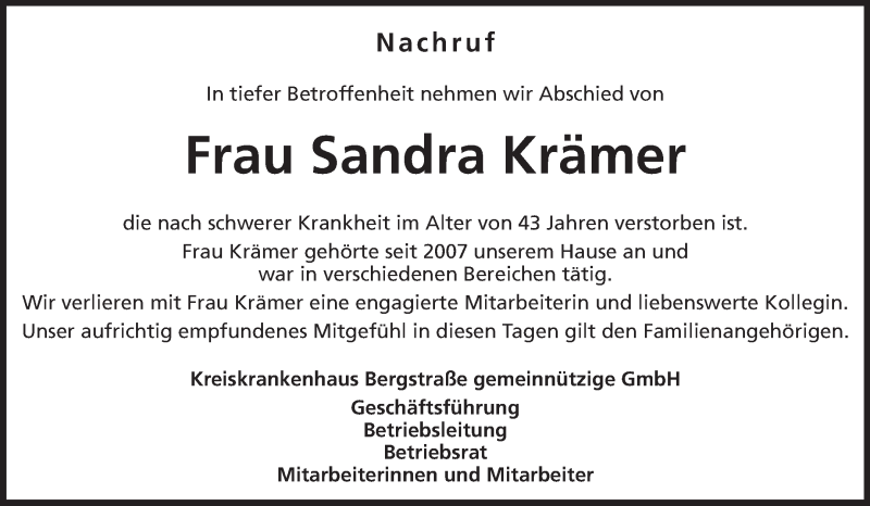  Traueranzeige für Sandra Krämer vom 06.12.2012 aus Starkenburger Echo