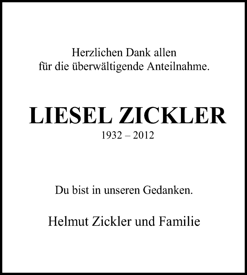  Traueranzeige für Liesel Zickler vom 08.12.2012 aus Echo-Zeitungen (Gesamtausgabe)