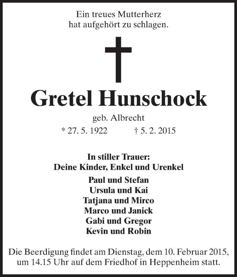  Traueranzeige für Gretel Hunschock vom 07.02.2015 aus Starkenburger Echo