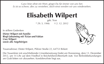 Traueranzeige von Elisabeth Wilpert von Odenwälder Echo