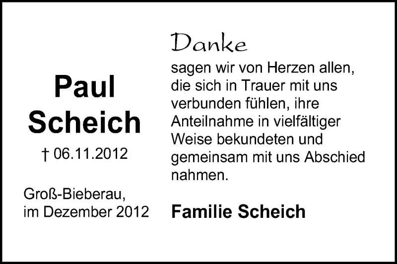  Traueranzeige für Paul Scheich vom 07.12.2012 aus Echo-Zeitungen (Gesamtausgabe)
