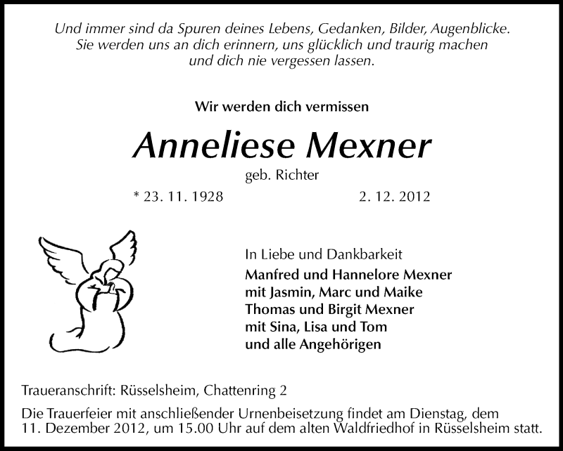  Traueranzeige für Anneliese Mexner vom 07.12.2012 aus Rüsselsheimer Echo, Groß-Gerauer-Echo, Ried Echo
