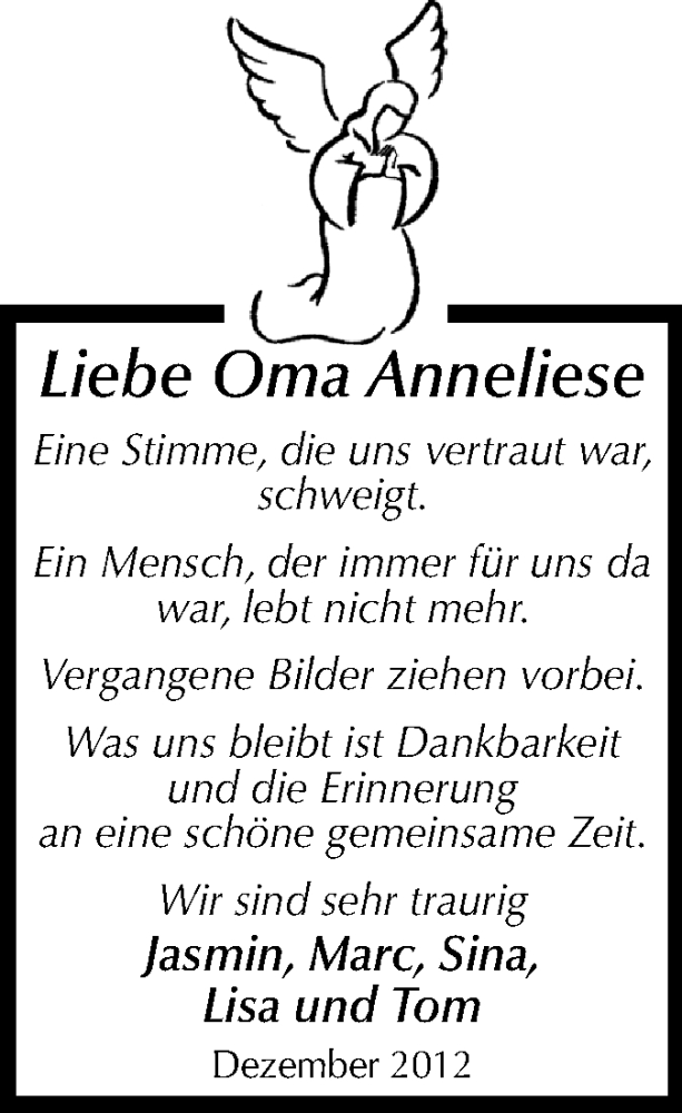 Traueranzeige für Anneliese Mexner vom 07.12.2012 aus Rüsselsheimer Echo, Groß-Gerauer-Echo, Ried Echo