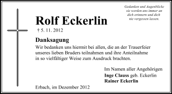 Traueranzeige von Rolf Eckerlin von Odenwälder Echo