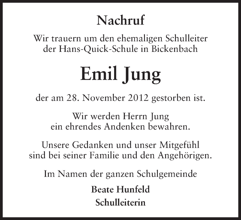  Traueranzeige für Emil Jung vom 08.12.2012 aus Echo-Zeitungen (Gesamtausgabe)