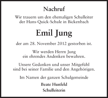 Traueranzeige von Emil Jung von Echo-Zeitungen (Gesamtausgabe)