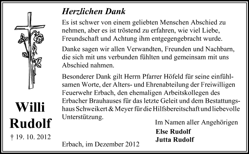 Traueranzeige für Willi Rudolf vom 08.12.2012 aus Odenwälder Echo