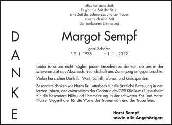 Traueranzeige von Margot Sempf von Rüsselsheimer Echo, Groß-Gerauer-Echo, Ried Echo