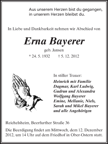 Traueranzeige von Erna Bayerer von Odenwälder Echo