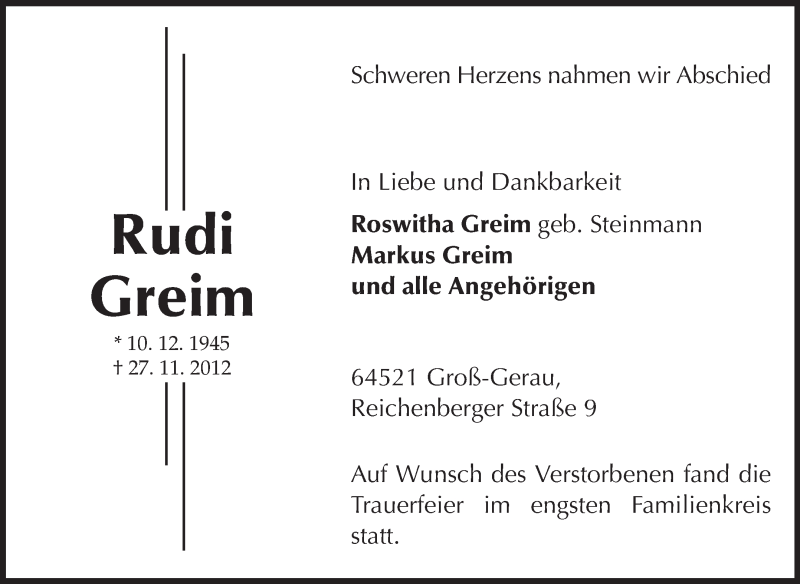  Traueranzeige für Rudi Greim vom 13.12.2012 aus Rüsselsheimer Echo, Groß-Gerauer-Echo, Ried Echo