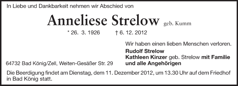  Traueranzeige für Anneliese Strelow vom 08.12.2012 aus Odenwälder Echo