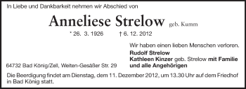 Traueranzeige von Anneliese Strelow von Odenwälder Echo