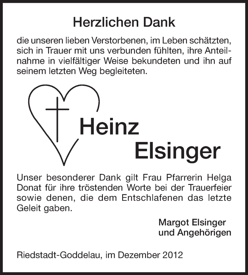  Traueranzeige für Heinz Elsinger vom 08.12.2012 aus Rüsselsheimer Echo, Groß-Gerauer-Echo, Ried Echo