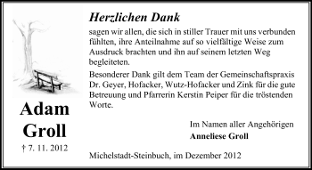 Traueranzeige von Adam Groll von Odenwälder Echo