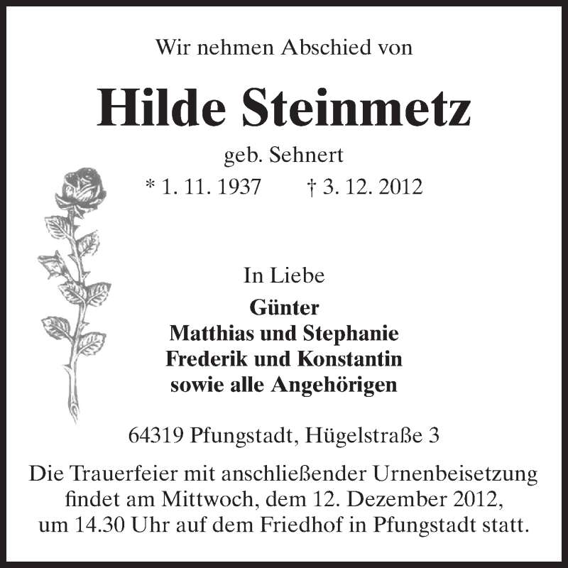  Traueranzeige für Hilde Steinmetz vom 08.12.2012 aus Echo-Zeitungen (Gesamtausgabe)