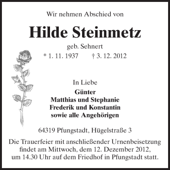 Traueranzeige von Hilde Steinmetz von Echo-Zeitungen (Gesamtausgabe)