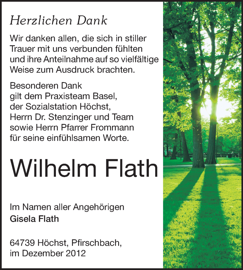 Traueranzeige für Wilhelm Flath vom 15.12.2012 aus Odenwälder Echo