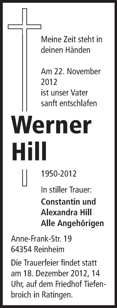  Traueranzeige für Werner Hill vom 11.12.2012 aus Echo-Zeitungen (Gesamtausgabe)
