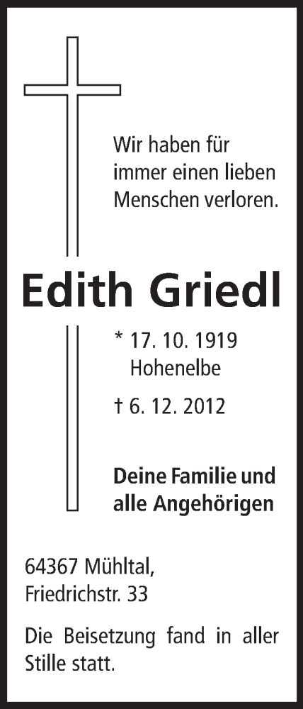  Traueranzeige für Horst Griedl vom 15.12.2012 aus Echo-Zeitungen (Gesamtausgabe)