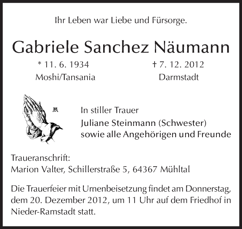  Traueranzeige für Gabriele Sanchez Näumann vom 15.12.2012 aus Echo-Zeitungen (Gesamtausgabe)