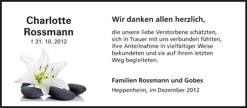  Traueranzeige für Charlotte Rossmann vom 14.12.2012 aus Starkenburger Echo
